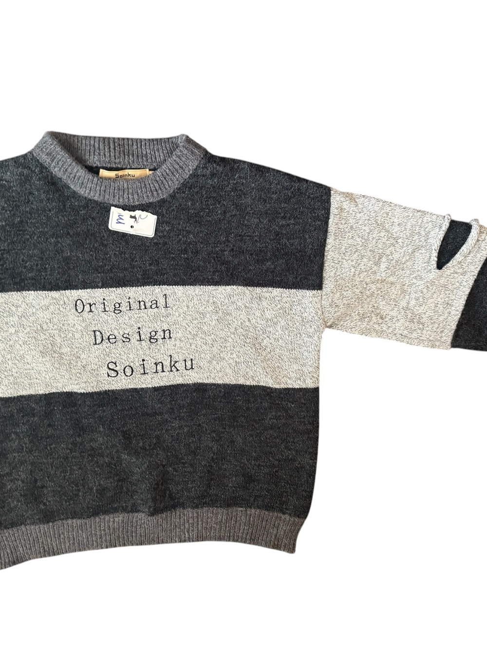 Soinku CAPTIUDF Knit Sweater Mens Medium Gray Colorblock Korean Streetwear Y2K